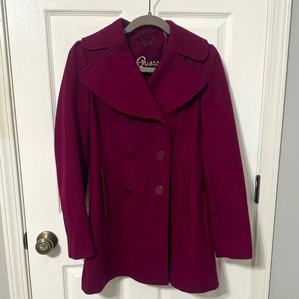 Guess Fuchsia Wool Pea Coat, Jacket, Button Detail, Fully Lined, Pink Purple